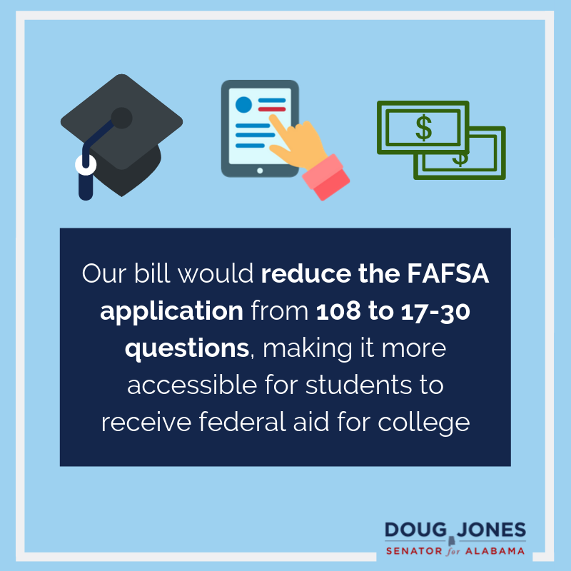 SenDougJones's tweet photo. As a father of three, I know firsthand how difficult and frustrating the FAFSA can be—which is why I'm teaming up with @SenAlexander to make it significantly easier! We owe it to our students to make it easier to reach their dreams of a degree. https://t.co/On1AkQNXEv