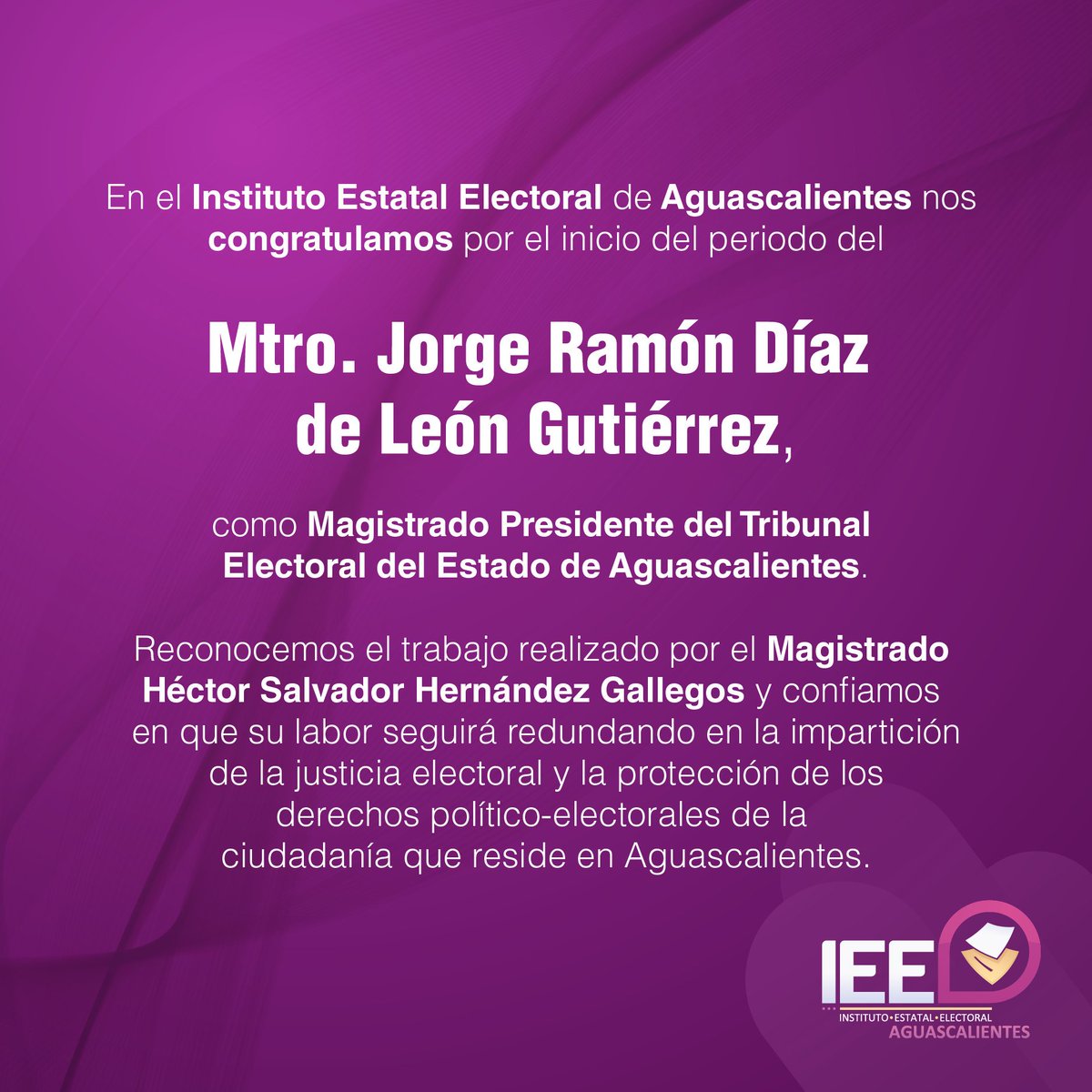 IEE Aguascalientes (@ieeags) on Twitter photo Reconocemos el trabajo realizado por el Magistrado <a href="/HECTOR_TEEA/">Hector Salvador</a> y deseamos el mayor de los éxitos a <a href="/diazdeleon26/">Jorge Díaz de León</a>, quien tomó protesta como Magistrado Presidente del @TriEE_Ags. Reconocemos el trabajo realizado por el Magistrado <a href="/HECTOR_TEEA/">Hector Salvador</a> y deseamos el mayor de los éxitos a <a href="/diazdeleon26/">Jorge Díaz de León</a>, quien tomó protesta como Magistrado Presidente del @TriEE_Ags.