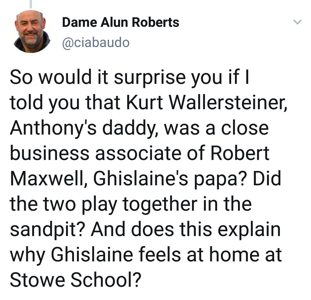 On the same day (1/4/18), Anthony Wallersteiner also became director of Street Child and Chair of Trustees. Wally is an old friend of Ghislaine Maxwell; his dad was a business associate of Robert Maxwell. Both were the subject of an FBI search warrant. https://twitter.com/ciabaudo/status/1161778343584440321?s=19