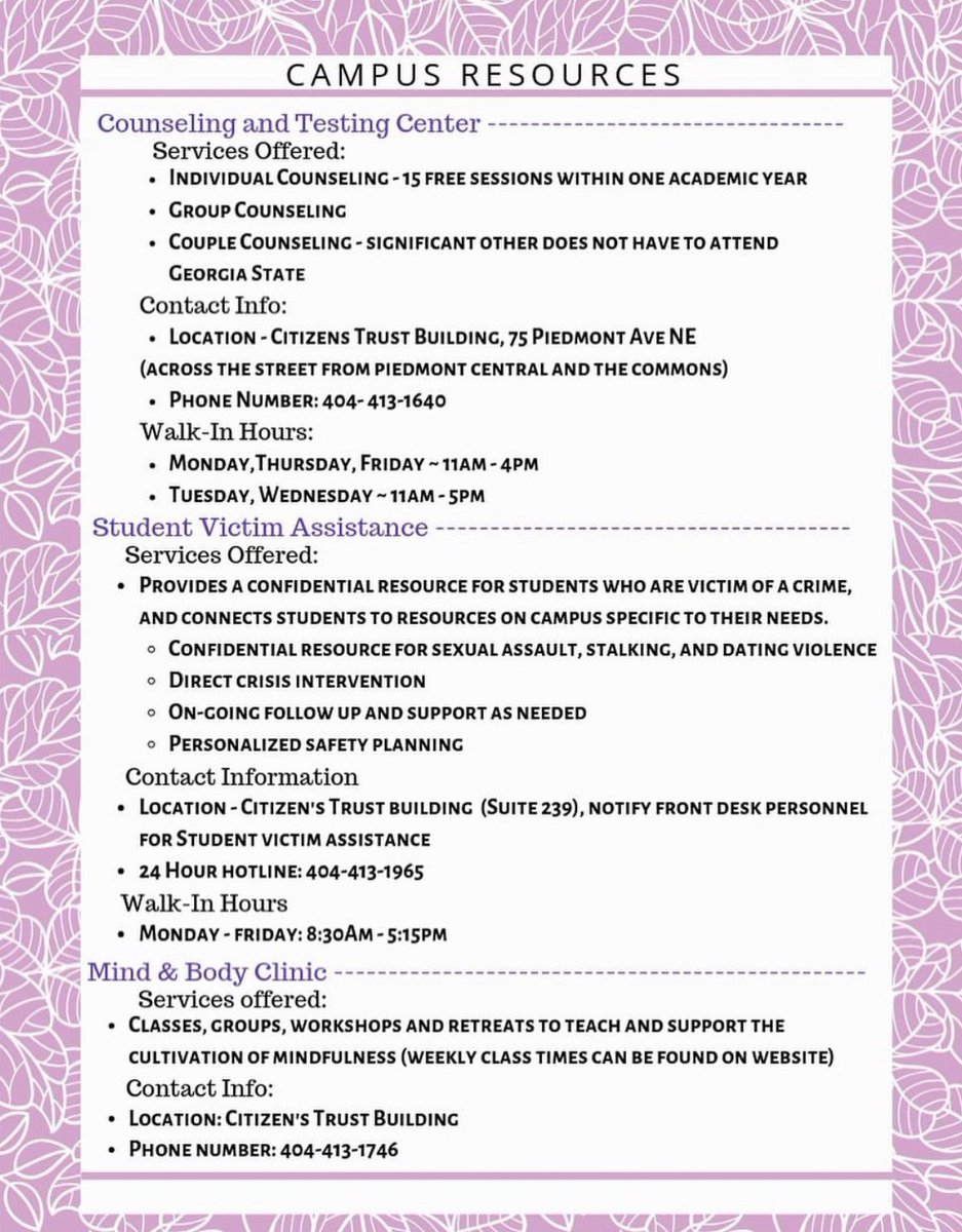 Hey loves, it's important to know the many resources available at GSU. Here's a list for you, take advantage of these resources. 💜