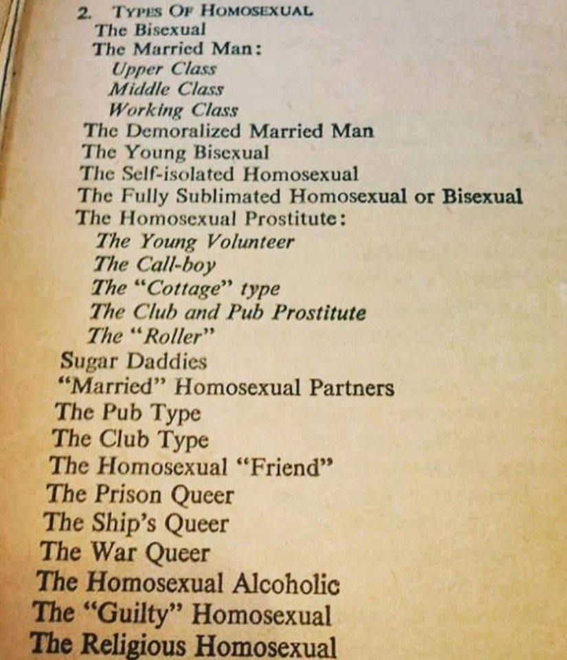 coyotegoth's tweet image. Allegedly, this is from a 1958 UK government report. I identify as bisexual, but JESUS, "war queer" sounds tempting.