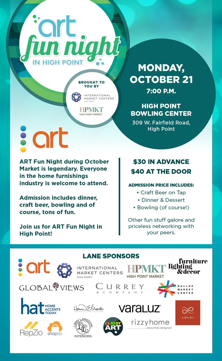 ACCRESOURCETEAM's tweet image. Come bowl with us during #hpmkt. We&apos;ll be having a blast at the High Point Bowling Center on Oct. 21 at 7 p.m. with bowling, food, drinks, networking and more (karaoke, anyone?). You can sign up here and save: accessoriesresourceteam.org/art-fun-night-…
