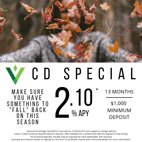 VallianceBank's tweet photo. Don't let yourself "fall" behind on this one! You've got less than one week to take advantage of our Fall CD Special. Make money on your own money, what could get better than that? #cdspecial #fall #vbank https://t.co/R446USMd49