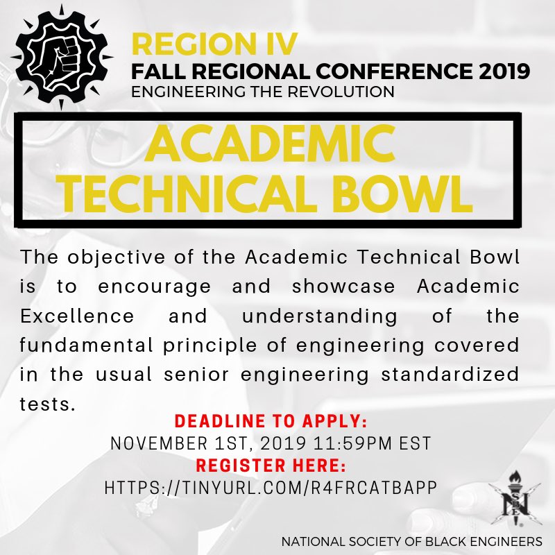 R4NSBE's tweet image. 🗣WASSUP MOTHER REGION!! The time for Academic Technical Bowl has come 📚 Showcase your Academic Excellence and understanding of fundamental principles in engineering during FRC! 
Sign up TODAY.

#EngineeringTheRevolution #R4NSBE #MotherRegion #NSBE #Region4