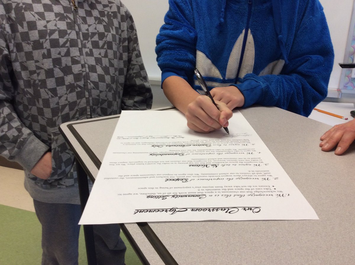 mswoodsAUP's tweet photo. The official signing of our class agreement happened today! A month in because it was co-created, and therefore underwent some thoughtful negotiations. Plus, we needed time to practice our signatures...
@SCDSB_Schools  @MrsMaxwell_AUPS @allistonunion 
#exercisingourstudentvoices https://t.co/KkhheXarrS