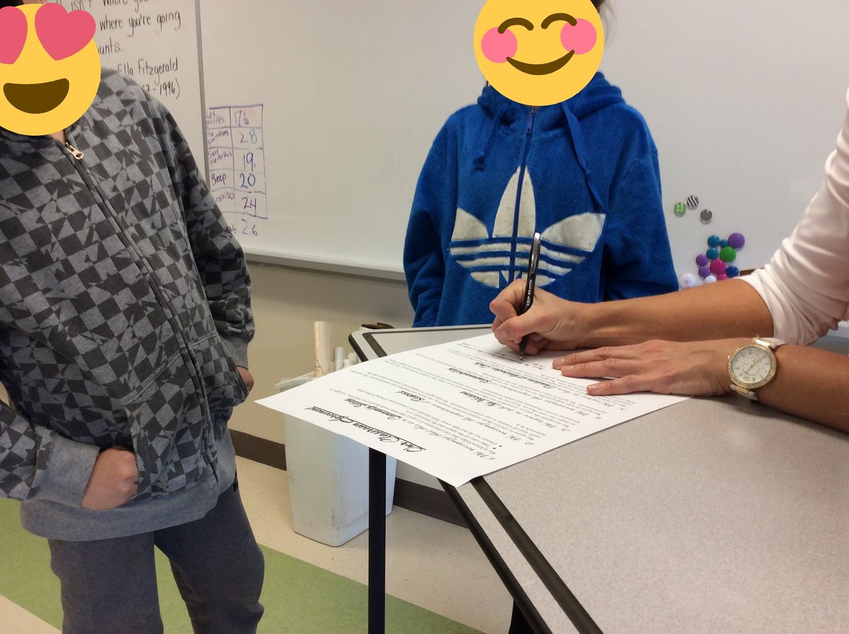 mswoodsAUP's tweet photo. The official signing of our class agreement happened today! A month in because it was co-created, and therefore underwent some thoughtful negotiations. Plus, we needed time to practice our signatures...
@SCDSB_Schools  @MrsMaxwell_AUPS @allistonunion 
#exercisingourstudentvoices https://t.co/KkhheXarrS