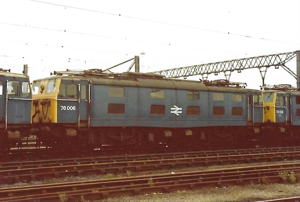 British Rail Woodhead Route Bo+Bo Class 76 1500V D.C. Electric loco 26006 built at Gorton in 1951. Became 76 006 under TOPS. Stabled pantographs down at Manchester Guide Bridge 17/5/81 ##BritishRail #Woodhead #Class76 #Loco #trainspotting #Manchester #Gorton #GuideBridge 🤓