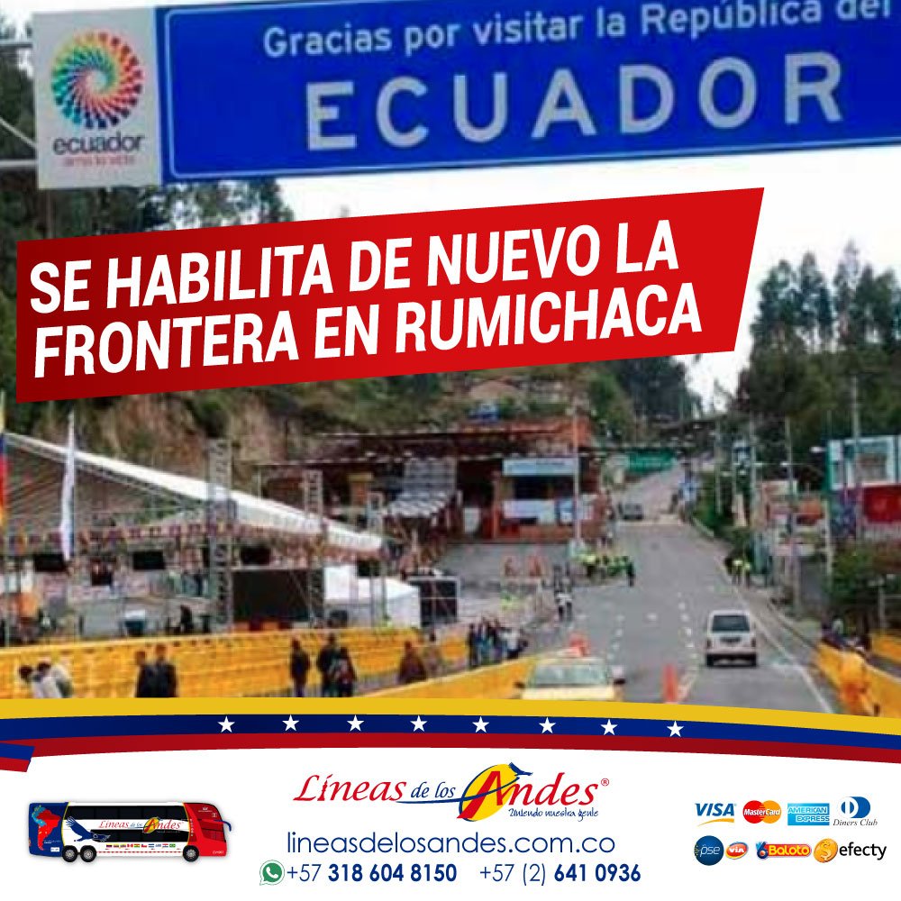 lineasdlosandes's tweet photo. ¡Alístate para viajar! Se habilita la #Frontera en #Rumichaca, luego de 7 días de cierre por manifestaciones en el #Carchi.

Visita nuestra página web y compra tus tiquetes online:

https://t.co/PWzErl4qPi https://t.co/9MybnF6mpO