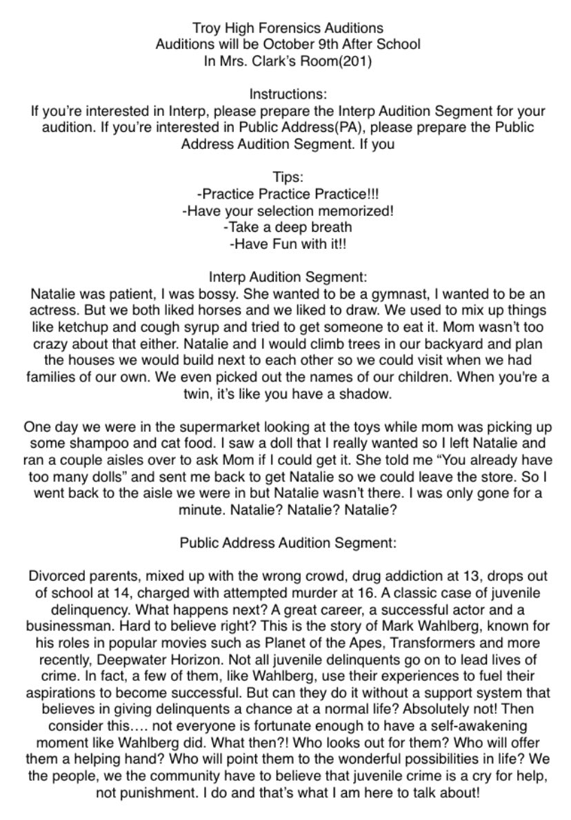 If you missed the meeting, here’s a form for auditions next week.