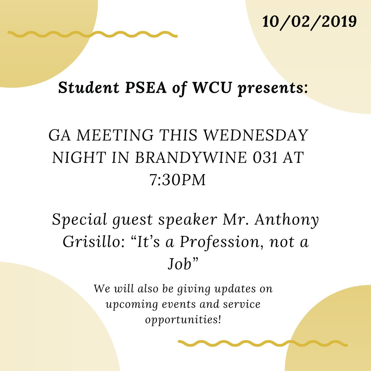 Join us this upcoming Wednesday for our next General Assembly meeting where we will be discussing upcoming events that our committees have planned. We will also be having a special guest speaker, Mr. Anthony Grisillo. Can’t wait to see you all there!