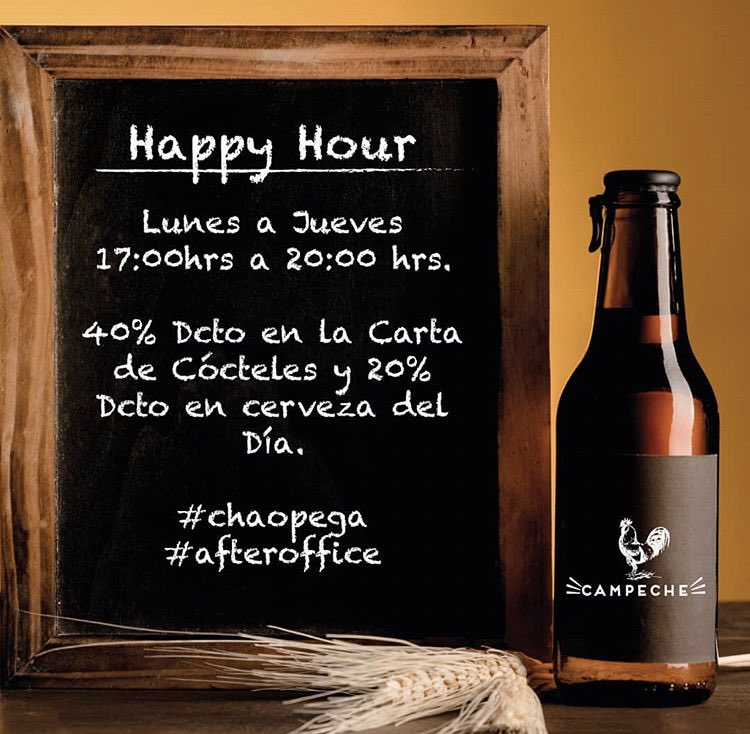 campechecl's tweet photo. Happy Hours de #Lunes a #Jueves, de 17:00hrs a 20:00 hrs.
40% de descuento en la Carta de Cócteles y 20% de descuento en cerveza del Día.

#happyhour #chaopega #afteroffice https://t.co/9xqfqJNNZt
