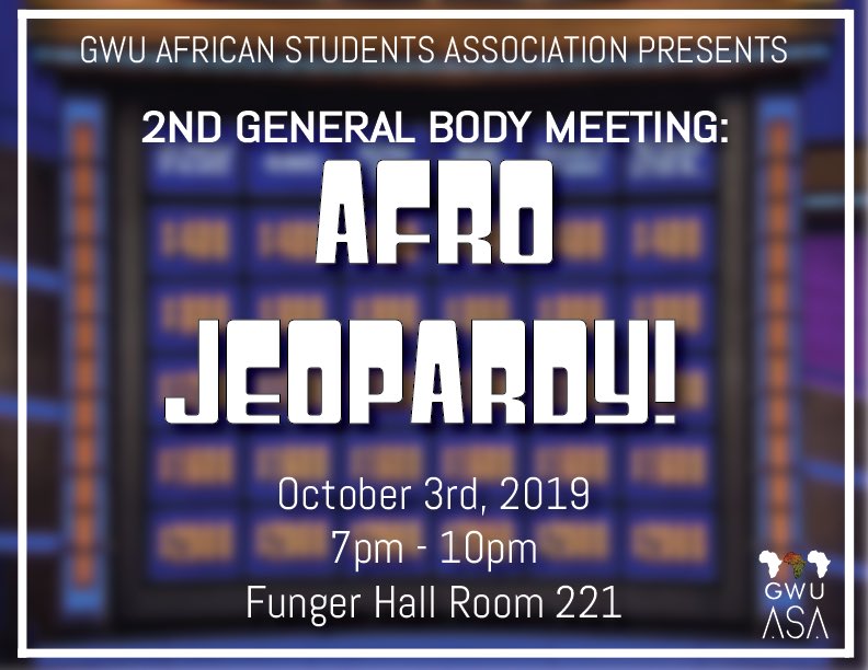 How much do you really know?🤨Come out to our 2nd General body meeting this Thursday!! We’ll be playing Afro Jeopardy and announcing freshman repsss🤩
There will also be food😌
