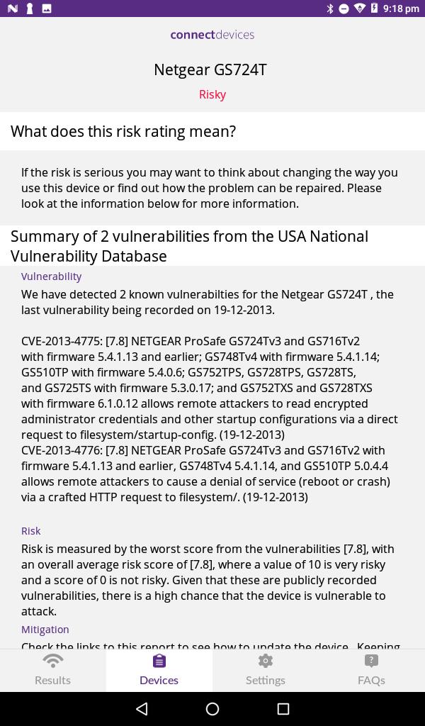 connectdevices's tweet photo. If you find a device like this old switch in your network, the SecureSmart app now fetches displays vulnerability information (including CVE's).  #NotBadForAPassiveNetworkScanner https://t.co/tTgSpdPpEZ