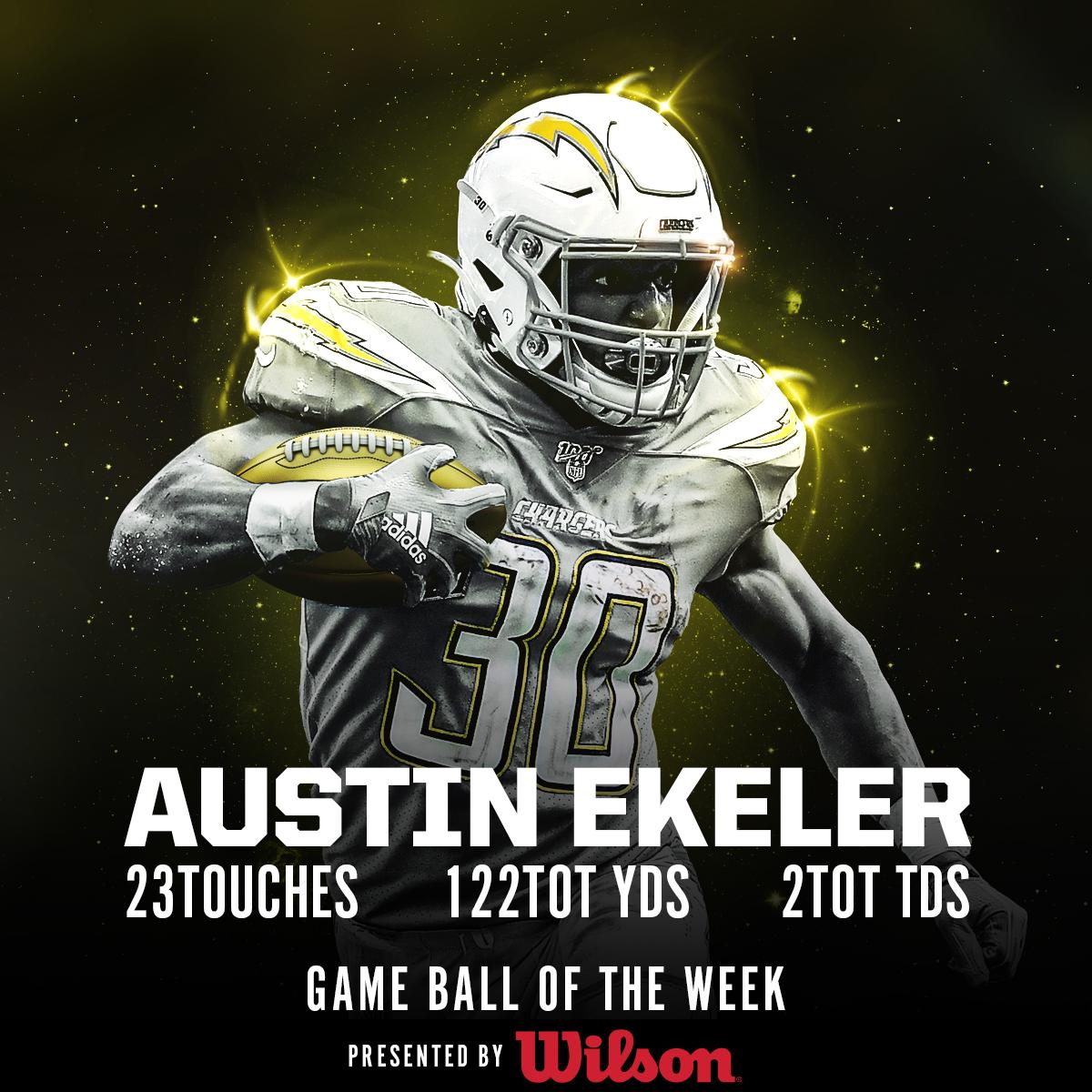 NFL's tweet photo. The game ball in the #NFL100 Game of the Week goes to @AustinEkeler! 

(via @WilsonFootball) https://t.co/ebbo7qlmbh