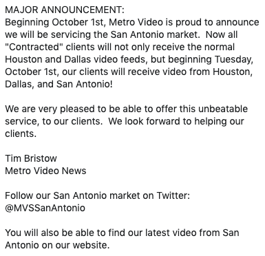 MAJOR ANNOUNCEMENT:

Follow our San Antonio market on Twitter <a href="/MVSSanAntonio/">Metro Video San Antonio</a>