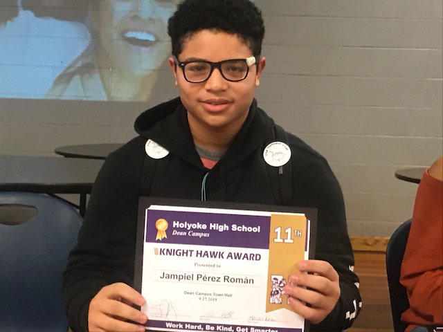 Holyoke_High's tweet photo. Feeling proud of our HHS Dean students who were recognized with the Knight Hawk Award at Dean's Town Hall last week. Congrats to: Jack Quiles (9th grade), Yamaya Perez (10th-grade) and Jampiel Perez Roman (11th grade) for being stellar students! https://t.co/KYkZHEt3Ry