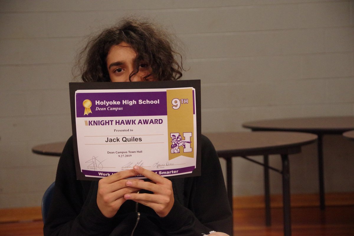 Holyoke_High's tweet photo. Feeling proud of our HHS Dean students who were recognized with the Knight Hawk Award at Dean's Town Hall last week. Congrats to: Jack Quiles (9th grade), Yamaya Perez (10th-grade) and Jampiel Perez Roman (11th grade) for being stellar students! https://t.co/KYkZHEt3Ry