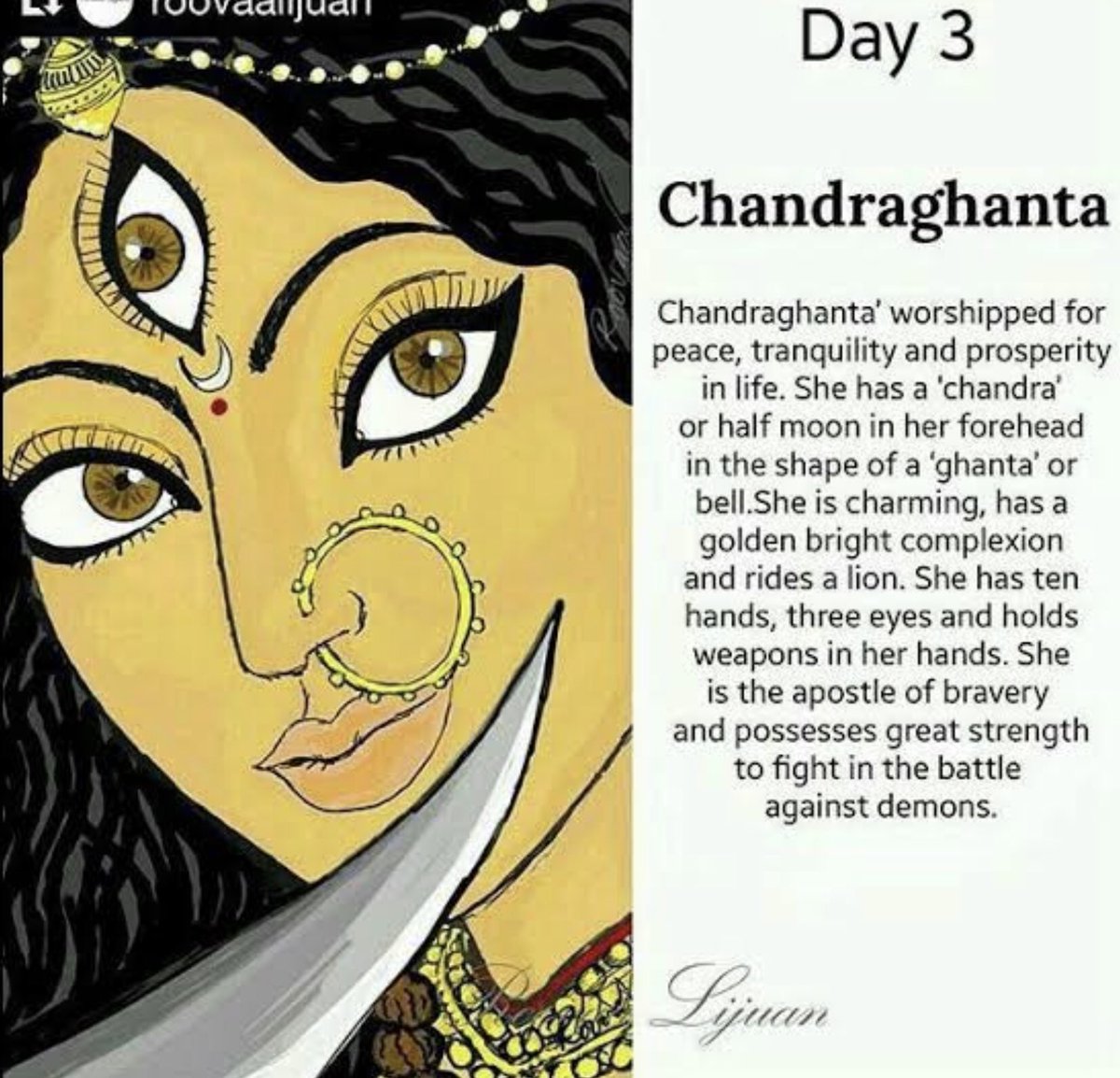 Nishaobgyn's tweet photo. Day 3: Chandraghanta #Navratri
#HalfMoon #Bravery #Strength
#Durga #DurgaPuja #NineDaysOfDurga https://t.co/qNY1DNvt0O