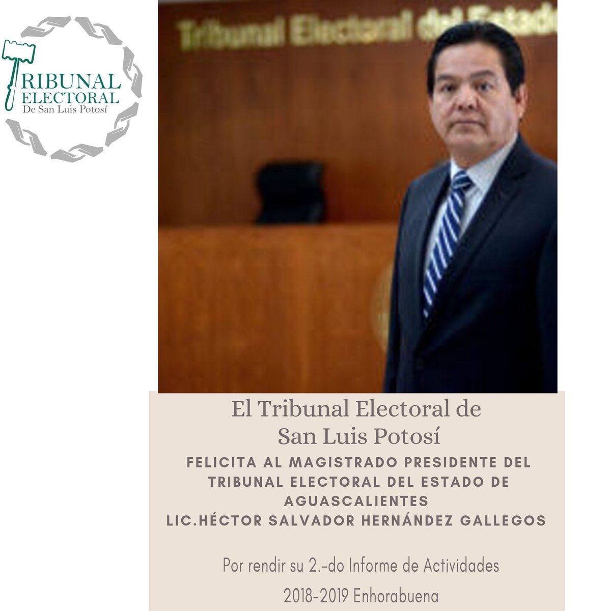 TEESLP (@tee_slp) on Twitter photo El Tribunal Electoral de San Luis Potosí Felicita al Magistrado Presidente del @TriEE_Ags, <a href="/HECTOR_TEEA/">Hector Salvador</a>, por rendir su 2do Informe de Actividades 2018-2019. #Enhorabuena El Tribunal Electoral de San Luis Potosí Felicita al Magistrado Presidente del @TriEE_Ags, <a href="/HECTOR_TEEA/">Hector Salvador</a>, por rendir su 2do Informe de Actividades 2018-2019. #Enhorabuena