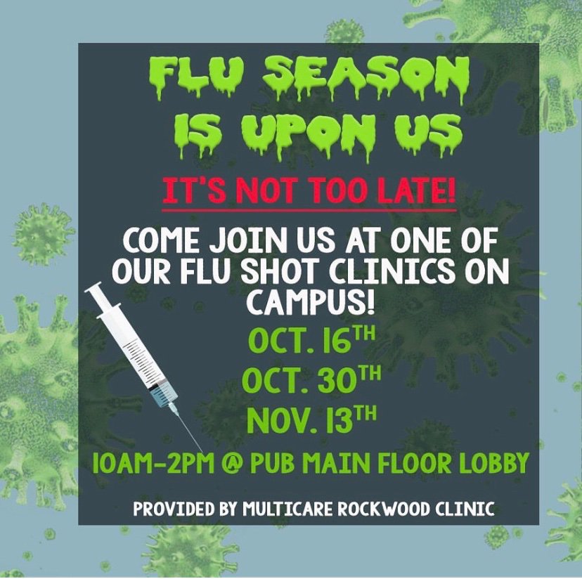 EWUWellness's tweet photo. Don't worry if you missed the flu clinic at Neighborfest! We have three more opportunities for flu shots on campus this quarter. #bewellewu #ewu #goeags https://t.co/1FiKA8DmP9