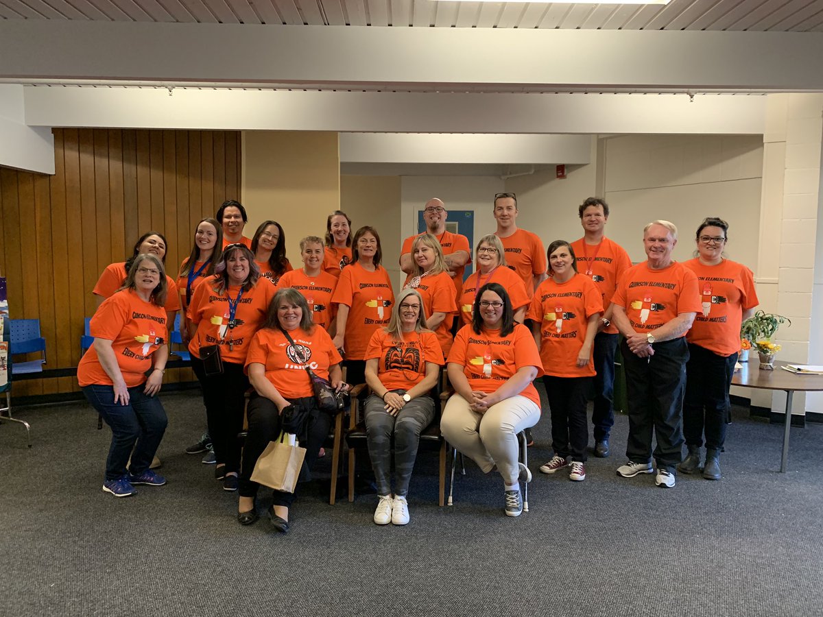 Quinson Elementary staff honour those impacted by the colonial system of residential schools and remember that #AllChildrenMatter. #OrangeShirtDay #OrangeShirtDay2019 #SD57 #Reconciliation