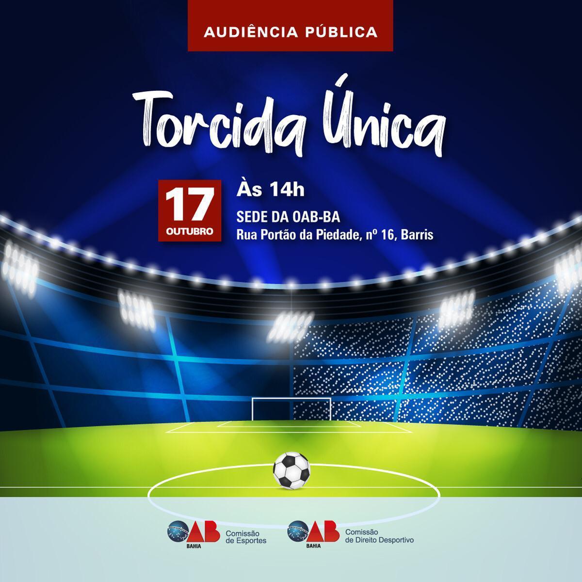 94Jeduardo's tweet photo. Com o objetivo de promover o debate sobre o tema, as Comissões de Esportes e Direito Desportivo da OAB da Bahia convocam a todos para a Audiência Pública sobre Torcida Única nos campeonatos estaduais.
#oabba #cespo #cdd #audienciapublica #torcidaunica #campeonatobaiano https://t.co/CNQI8Ork2i