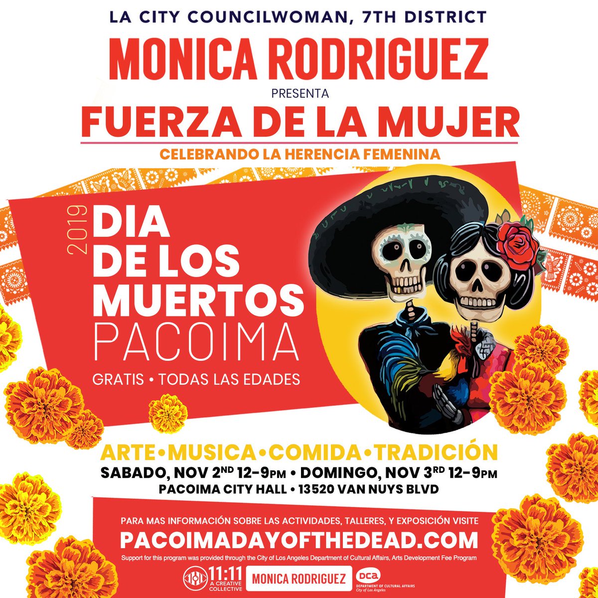Mark your calendars for Dia de Los Muertos Arts &amp; Music Festival 2019 on Nov. 2nd - Nov. 3rd in Pacoima! Our theme this year is FUERZA DE LA MUJER -- Celebrating Womanhood Through Heritage. Join us for a fun-filled weekend! Click for info  bit.ly/2mq119X #PacoimaDDLM2019