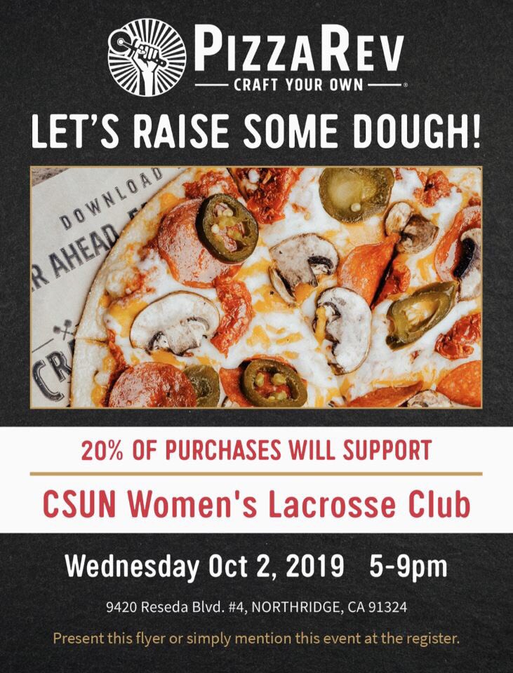 csunwlax's tweet image. Don’t forget this Wednesday we’ll be having a fundraiser from 5-9PM at Pizza Rev, so come out &amp;amp; support! Screenshot &amp;amp; show this flyer to the register, a portion of the proceedings  will go to our program. Can’t wait to see y’all there 🤘🏼