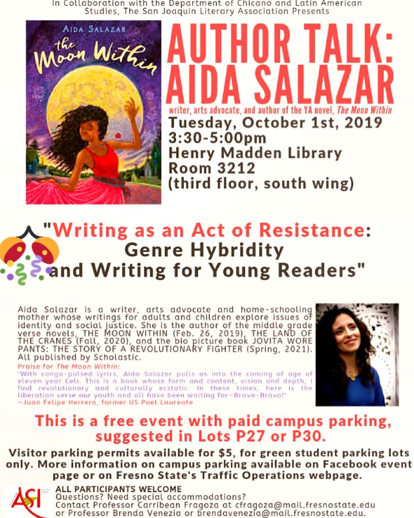 Don’t forget everyone! This is happening tomorrow @Fresno_State Come begin your October with @MimaWrites  👏🏽 #fresnostate #aidasalazar #novelist #visitingauthor #sjlafresno A big thank you to @FresnoStateASI FresnoStateASI 🙏🏽 ❤️ and Aida Salazar