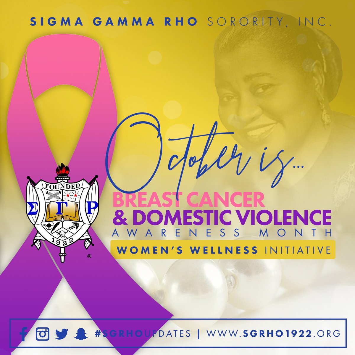 In October, ΣΓΡ will promote Breast Cancer Awareness and Domestic Violence Awareness. We will be hosting programs, projects, and conducting service through our Women’s Wellness Initiative. 
#SigmaGammaRho #BreastCancerAwareness #DomesticViolenceAwareness #Greater
