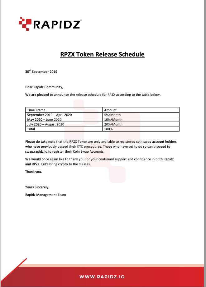 Rapidz_io's tweet photo. RPZX Token Release Schedule
#rapidz #rapidzpay #rpzx #Crypto https://t.co/5rFPlRi6ST