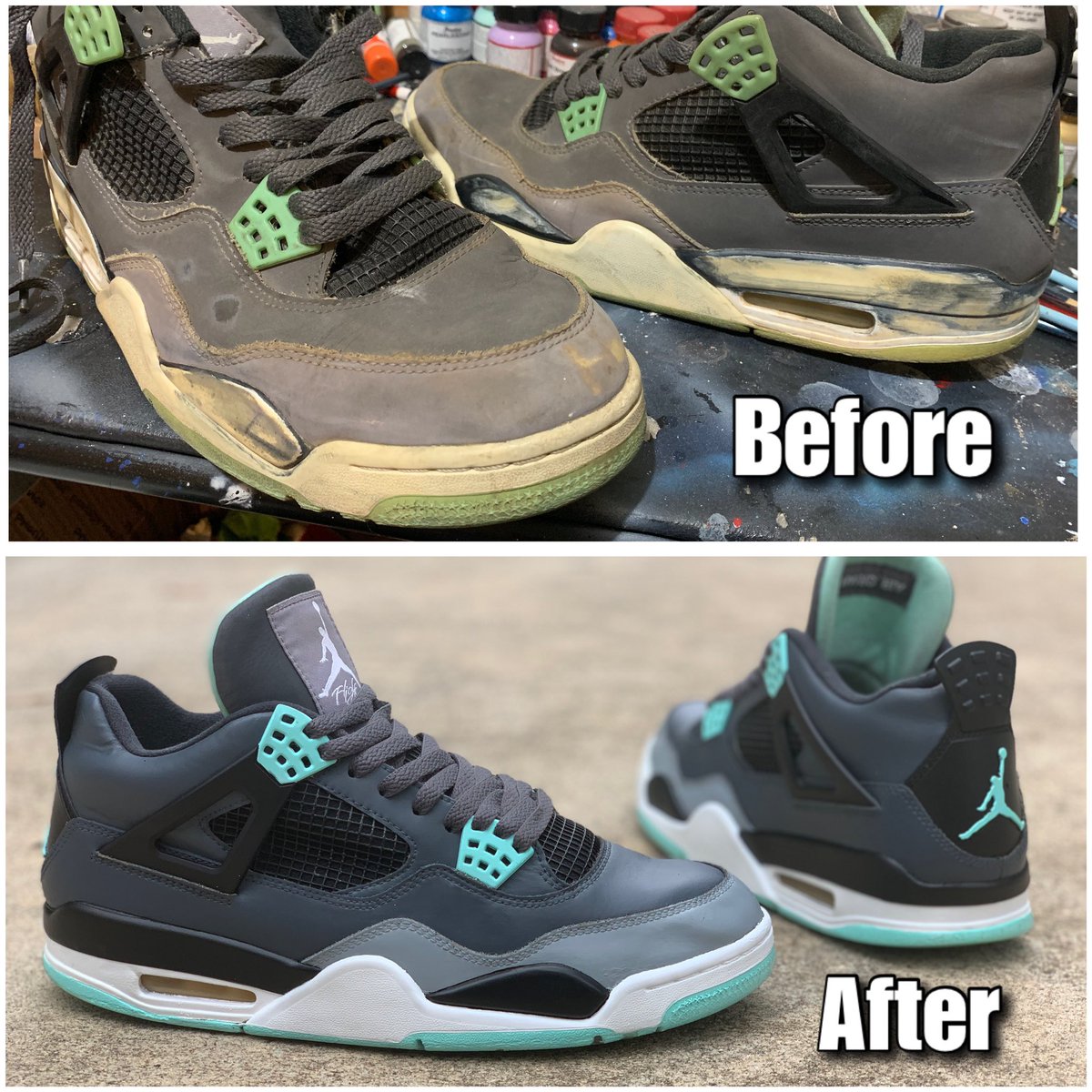 Just a little scrub a dub dub 🧼 + Midsole touch up x Tab restore x Sole clean🖌 = FRESH OUT THE BOX!!!  #sneakers #clean #shoes #jordan #retro4 #atlshoes #nike #airjordan #kicks #shoesaddict #sneakerholics #kicksoftheday #atlanta #artist #atl #watchmework #restor2glorykicks