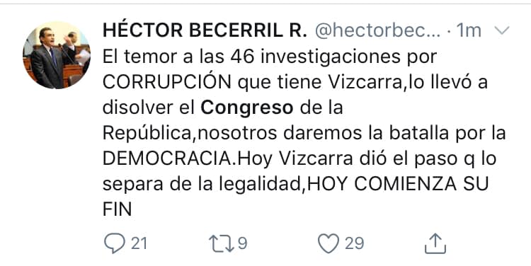 E9Noticias's tweet image. #TAJANTE | Héctor Becerril declaró el “Fin” del presidente de la República, Martín Vizcarra
El congresista expresó esto mediante su cuenta de Twitter ¿Qué te parece la declaración textual del parlamentario?

Foto: El País