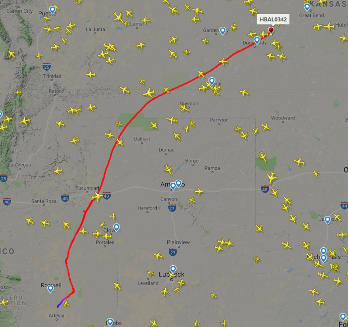 DanMarriesKOLD's tweet photo. From New Mexico to Kansas, @RavenAerostar stratospheric #balloon is currently heading NW at 42 knots at an elevation of 48,200 feet. More info - https://t.co/gCITvopGK8. Track #N252TH while it's up at https://t.co/e7Ro8YVTTM. https://t.co/QxSTW43THy