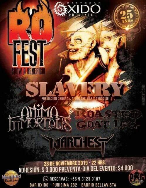 Slavery con formación original de After the War y Genocide, Manuel Sanchez, Rafael Salgado, Paolo Maugard y Jimmy Ponce, se presentarán este 23 de Noviembre en Oxido Bar, en un Show a beneficio de la hija de Rafael “Chichel” Salgado y necesitamos contar con su apoyo. SLAVERY