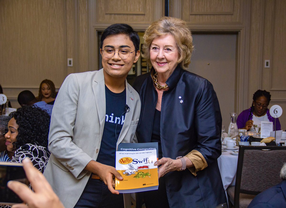 CreativeFdnWPG's tweet photo. @TajyMany with his book, Hello Swift, posing with Her Honour the Honourable Janice C. Filmon, Lieutenant Governor of Manitoba and @itsbethbell. https://t.co/pCMk6dcXjS