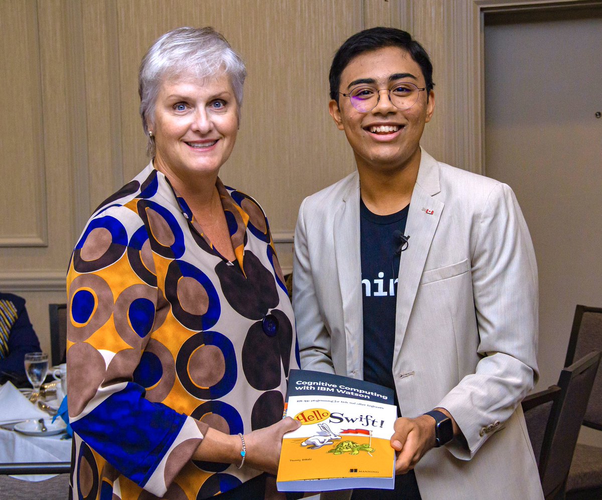 CreativeFdnWPG's tweet photo. @TajyMany with his book, Hello Swift, posing with Her Honour the Honourable Janice C. Filmon, Lieutenant Governor of Manitoba and @itsbethbell. https://t.co/pCMk6dcXjS