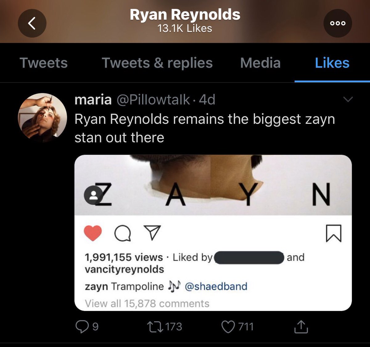 Ryan Reynolds recently liked this tweet about Zayn! 