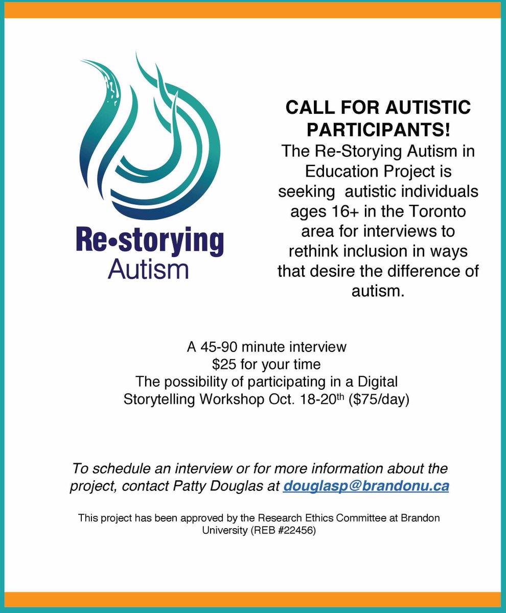 The Re-storying Autism Project is recruiting!! Contact Patty Douglas douglasp@brandonu.ca for more information.  #CallForParticipants #AutismResearch #OwnVoices #ActuallyAutistic @A4AOntario #AutismInEducation #ReStoryingAutism #AutismToronto @OntAutism @AutisticsUnited @JakePyne
