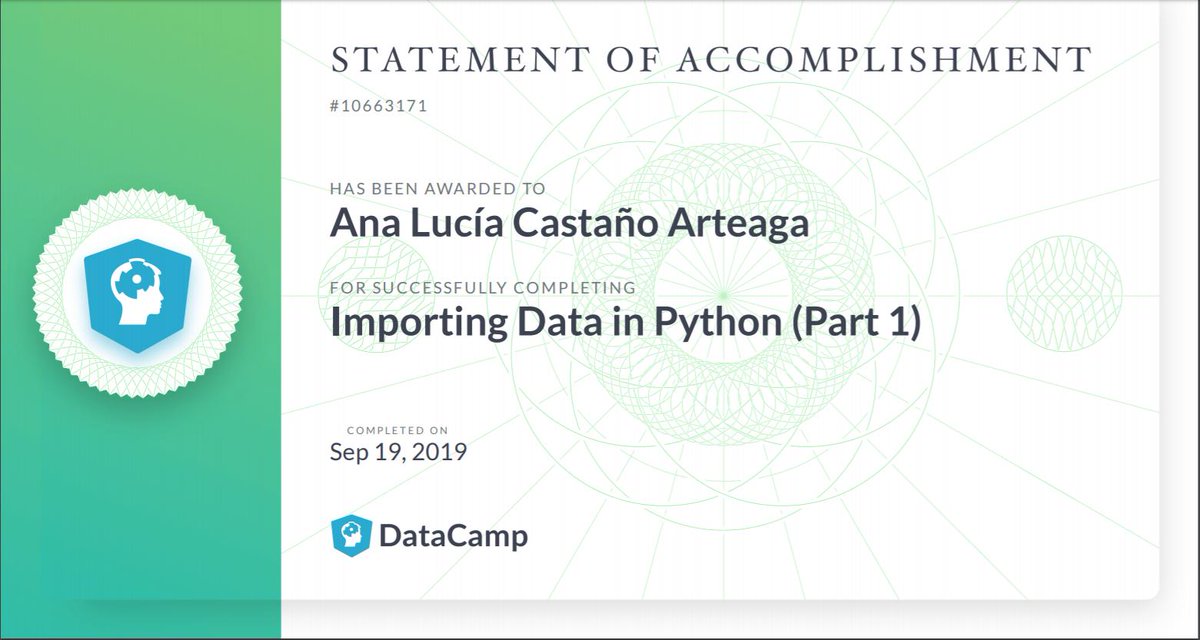 AnaLuciaCastano's tweet photo. I just finished Importing Data in Python (Part 1). Tks to @DataScienceFEM @DataCamp #datachallenge90femv https://t.co/rfc6yAixpO