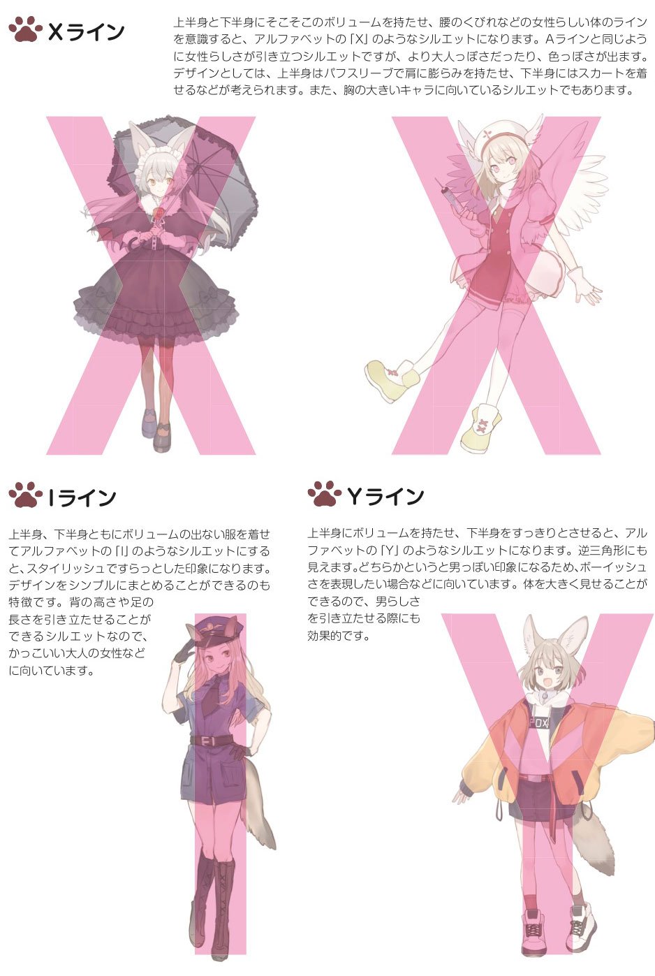 玄光社 超描けるシリーズ 在 Twitter 超描ネタ帳 第一印象に直結するキャラクターのシルエット 魅力的な立ち姿を描くには Aライン Xライン Iライン Yライン の4つが基本 意識して描いてみましょう しゅがおさん Haru Sugar02 ケモミミ