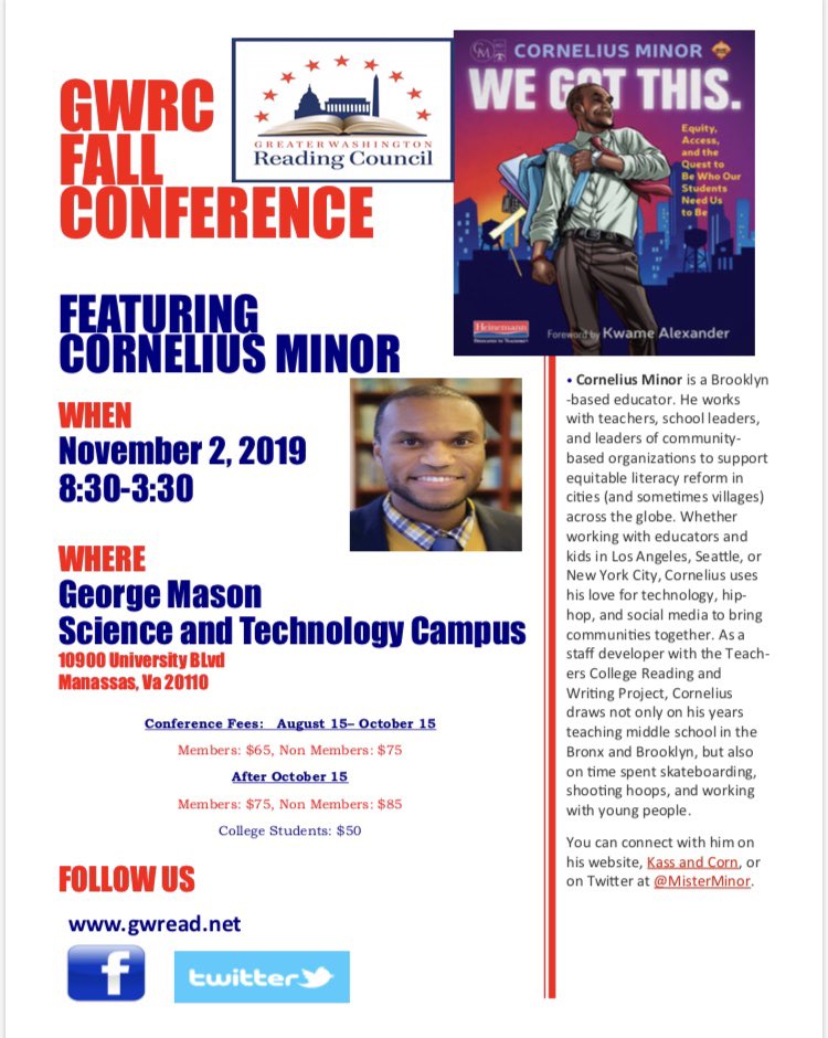 Beyond excited for the fall conference! Don’t forget  to register.  It’s going to be an inspirational day. events.eventzilla.net/e/greater-wash… <a href="/GWRCouncil/">GWRCouncil</a> <a href="/MichelleCPicard/">Michelle Picard</a> <a href="/MisterMinor/">Cornelius Minor</a> <a href="/APSLiteracy/">APS Elementary ELA</a> <a href="/APSTitleI/">APS Title I</a> <a href="/LWiltSilver/">Lori Wilt Silver</a> <a href="/ddkmcconnell/">Dr. Donna McConnell</a>
