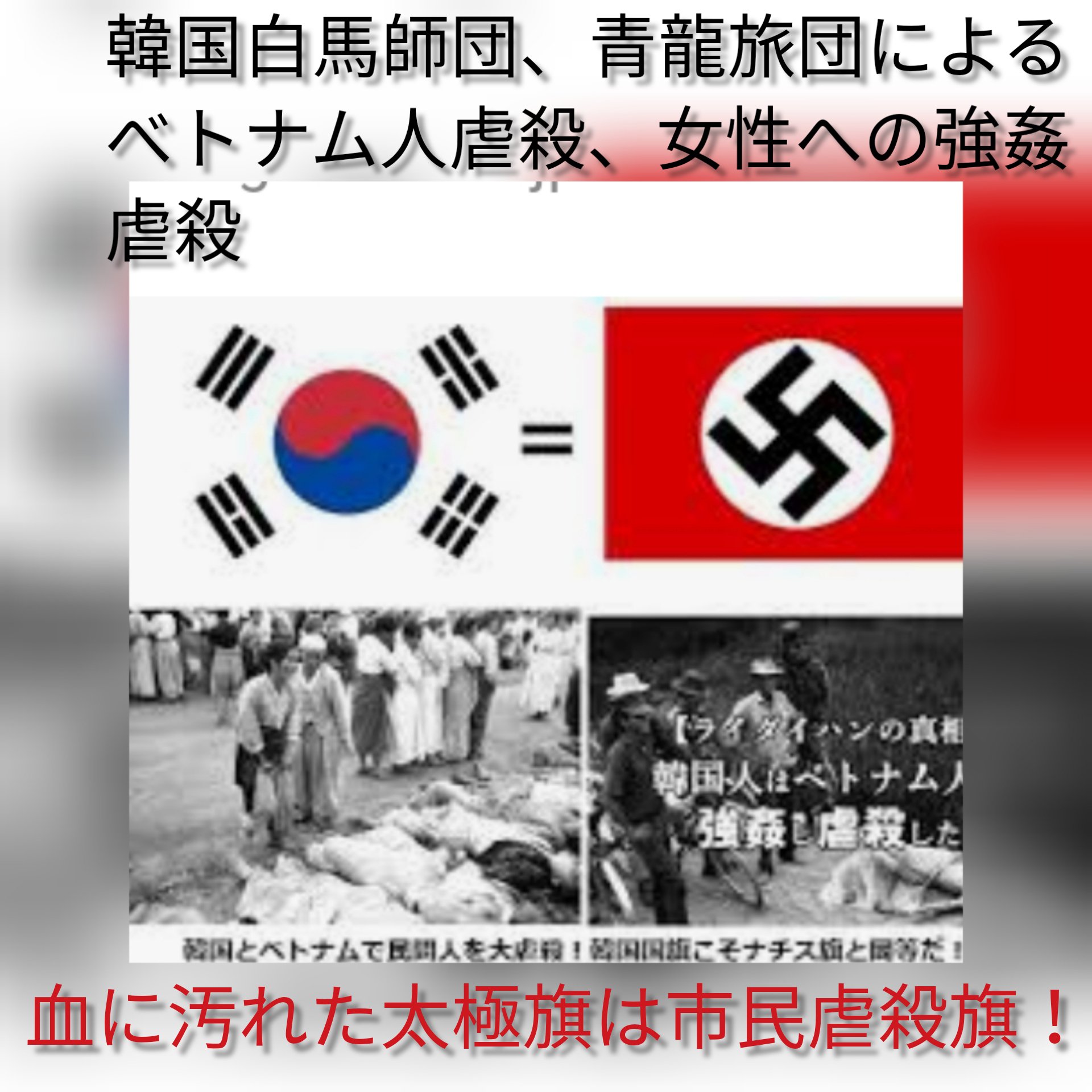Sam Logan 韓国太極旗は 虐殺旗 使用禁止を 韓国白馬師団 青龍旅団はベトナムで多数の一般市民を虐殺 女性への強姦暴行で 多数の孤児ライダイハンを産ませた 韓国は被害者からの抗議に対して一切無視している T Co 8by6fhnick Twitter