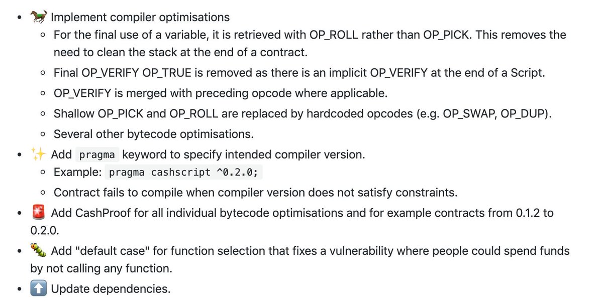 RoscoKalis's tweet photo. CashScript v0.2.0 has been released. What's new?
- 🏇 Compiler optimisations
- 🚨 CashProof
- ✨ Pragma directives
- 🐛 Vulnerability fix
https://t.co/FVEfdbZ0CM https://t.co/CNOLD5GqXd