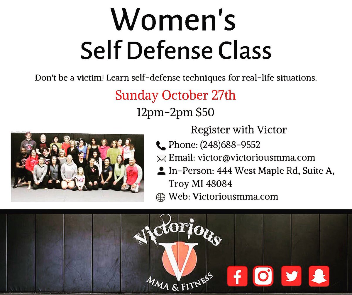 Victoriousmma's tweet photo. Our next women’s self-defense class is October 27th. Join us for some inset in situational awareness. Don’t be a victim. #victoriousmma #vmma #cascaojiujitsu #cascaomichigan #bjj #jiujitsu #womenselfdefense #dontbeavictim #mma #sambo #nobjj #jiujitsulife #detroit  #selfdefense https://t.co/zp2PT3SeoV