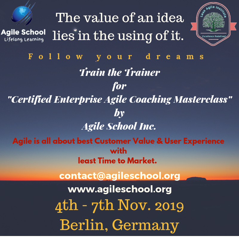 ravneetkj's tweet photo. A great opportunity to attend "Train the Trainer for Certified Enterprise Agile Coaching Masterclass" at Berlin, Germany, 04-07 Nov. 2019. Please register on  https://t.co/Y1gBE8Kude or visit https://t.co/SbAux34Aj7 
#Berlin #enterpriseagility #enterpriseagilecoach #agilecoaching https://t.co/bwOpkDZLl8