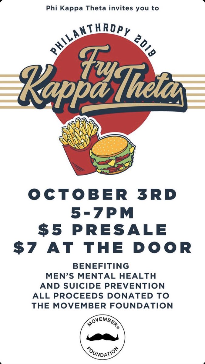 🚨 Fry Kappa Theta this Thursday, Oct. 3rd from 5-7 p.m.!

🙏 Come out and support our philanthropy as we raise money and awareness for men's mental health and suicide prevention. Message for tix!

#Movember #FryKappaTheta2019