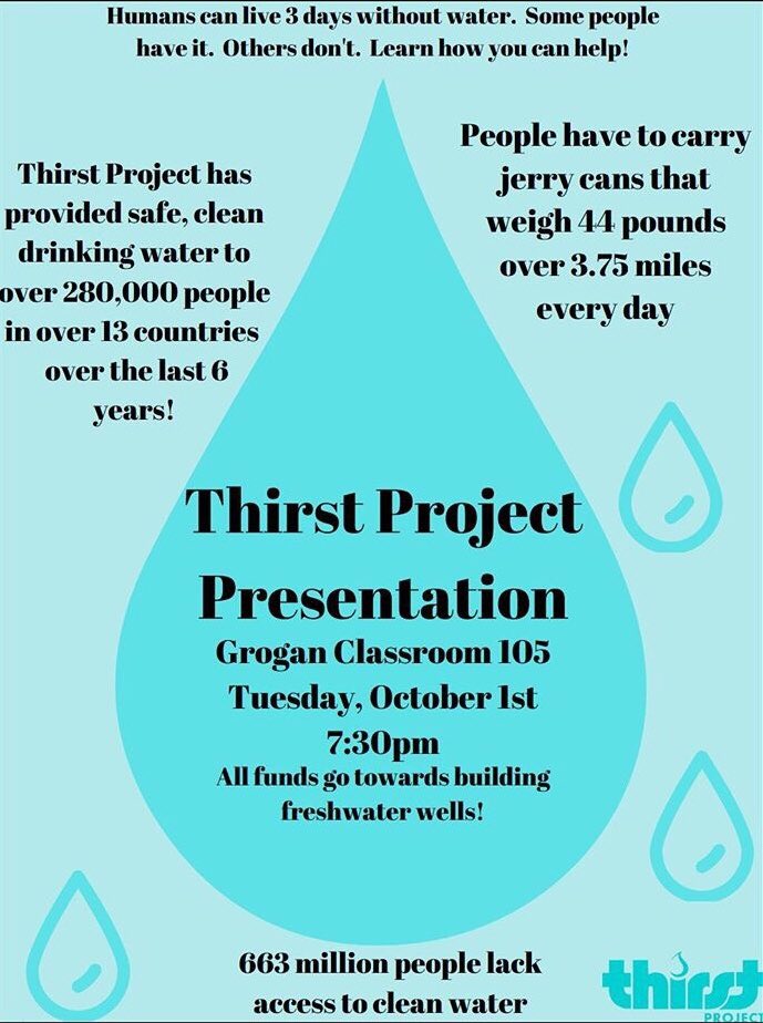 Right after Pre-Advising tomorrow we will have a presentation from “The Thirst Project”! They will be talking about people who are struggling to get water and how you can help! 
#grogancollege #uncg