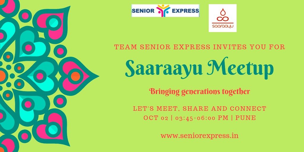 #SeniorExpress wishes all #Seniors happy #WorldEldersDay!

Since its inception, Senior Express has been working  towards promotion of #ActiveAging. To promote this vision further,tomorrow we are launching our unique initiative "Saaraayu Meetup - Bringing Generations Together".