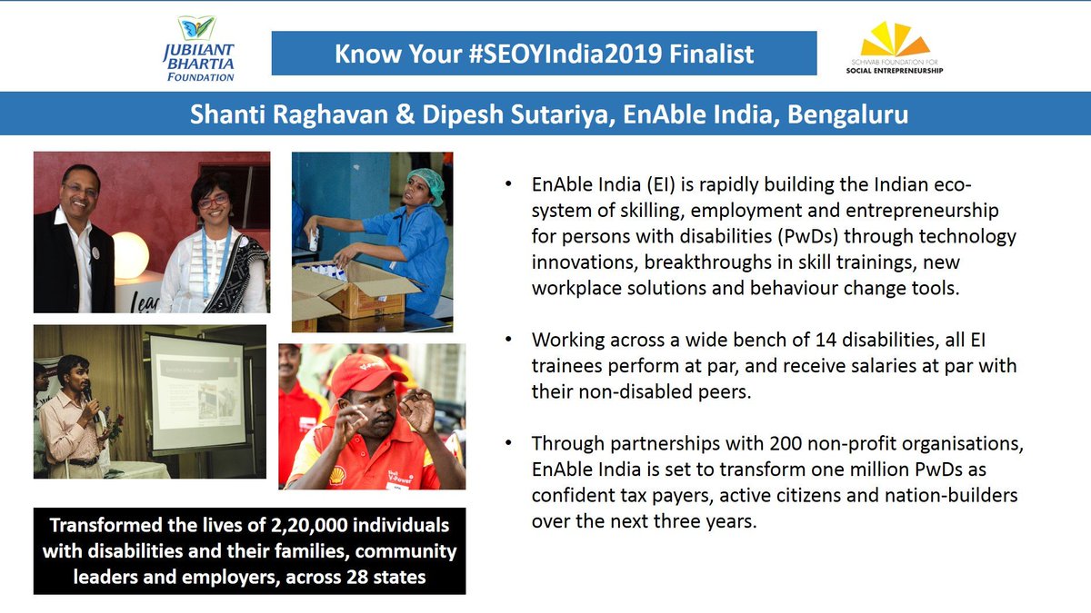 indiaseoy's tweet photo. Introducing #SEOYIndia2019 finalists: Shanti Raghavan &amp; Dipesh Sutariya from @enableindia EI is rapidly building the Indian eco-system of skilling, employment &amp; entrepreneurship for persons with disabilities (PwDs) #socialchange @RaghavanShanti @schwabfound @BhartiaJubilant https://t.co/Vt8H8edbgE